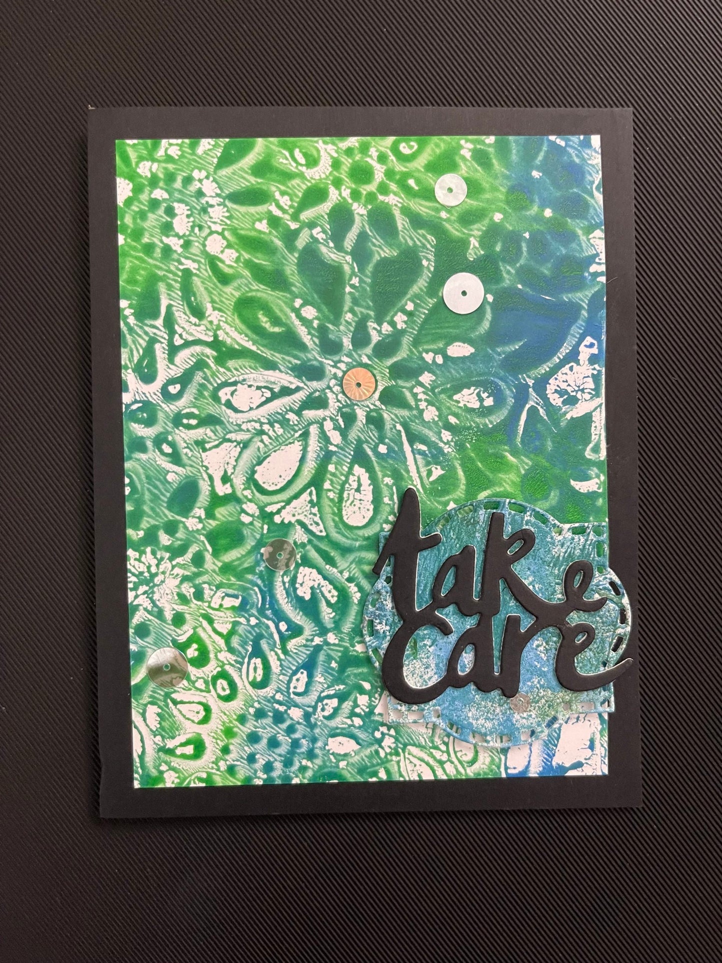 Take Care, blue, green, blk
